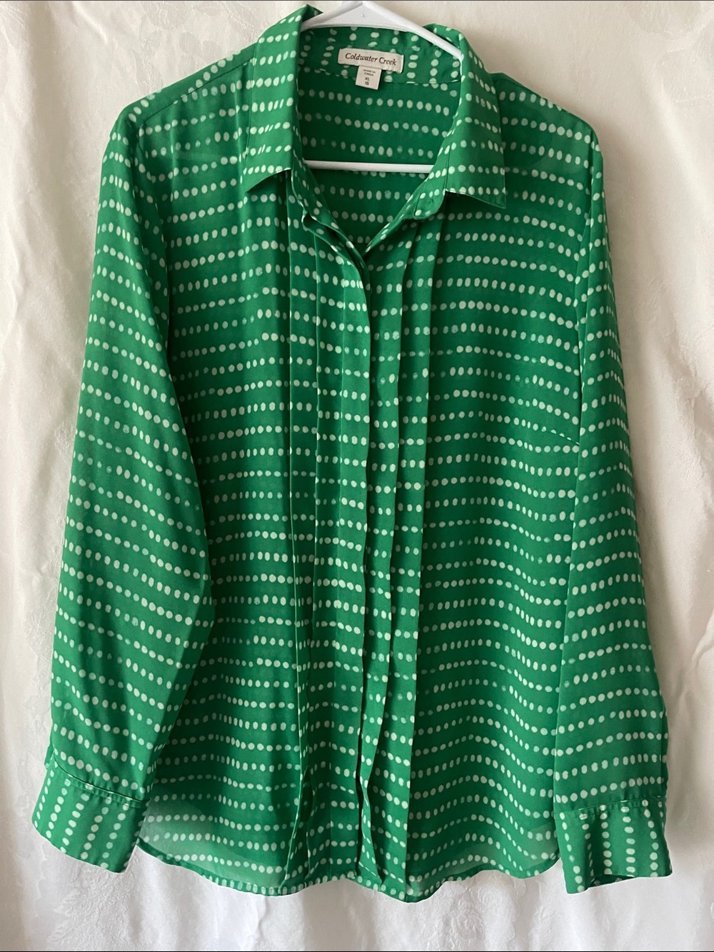 Coldwater Creek Green and White Dot Button-Down Blouse